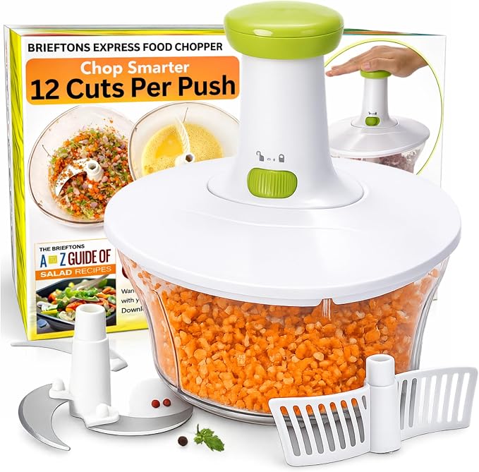 Brieftons Express Manual Food Chopper, 6.8-Cup Hand Pump Vegetable Chopper to Chop Veggies Onion Garlic Herbs, Tear-Free Onion Chopper & Salsa Maker for Camping RV Home, 3-Leaf Stainless Steel Blade