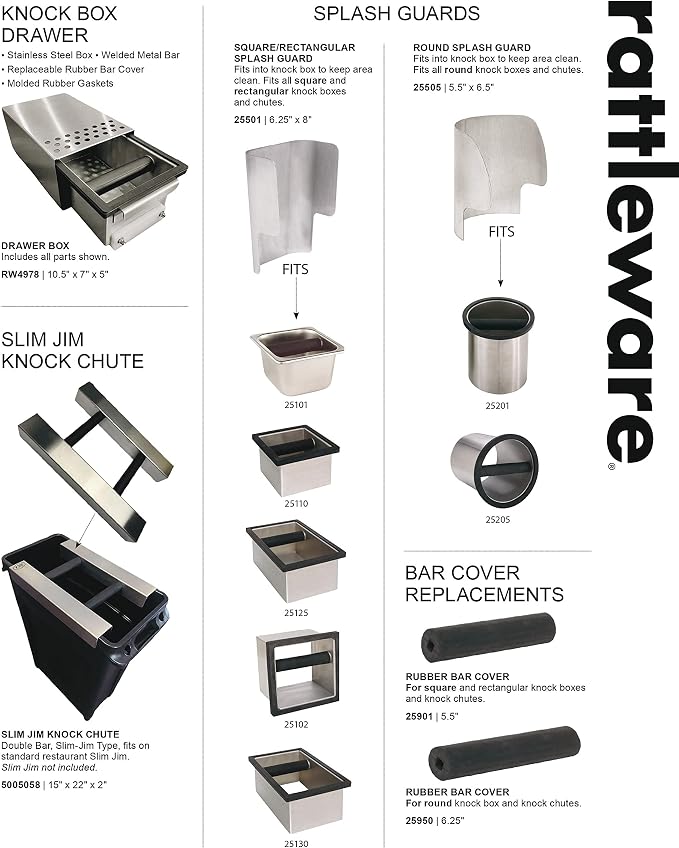 Rattleware Stainless Steel Open Bottom Knock Box Chute with Rubber Bar, 9in