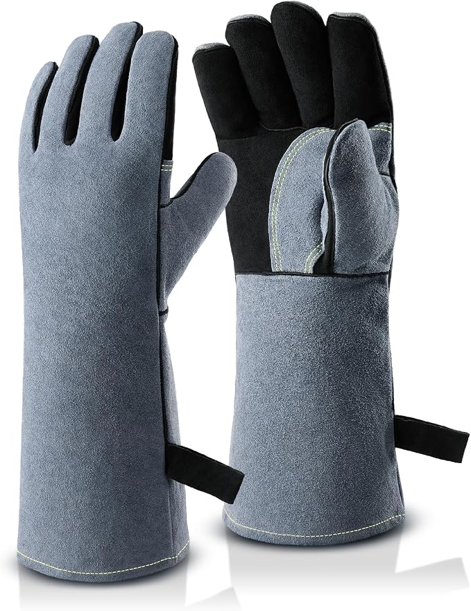 OZERO 16-Inch Welding Gloves: 932°F Heat Resistant Gloves, Black-Gray | 1.2 mm Split Cowhide, Reinforced Palm, Long Cuff, for MIG TIG Stick Forge BBQ Grill Fireplace Fire Pit Wood Stove Oven
