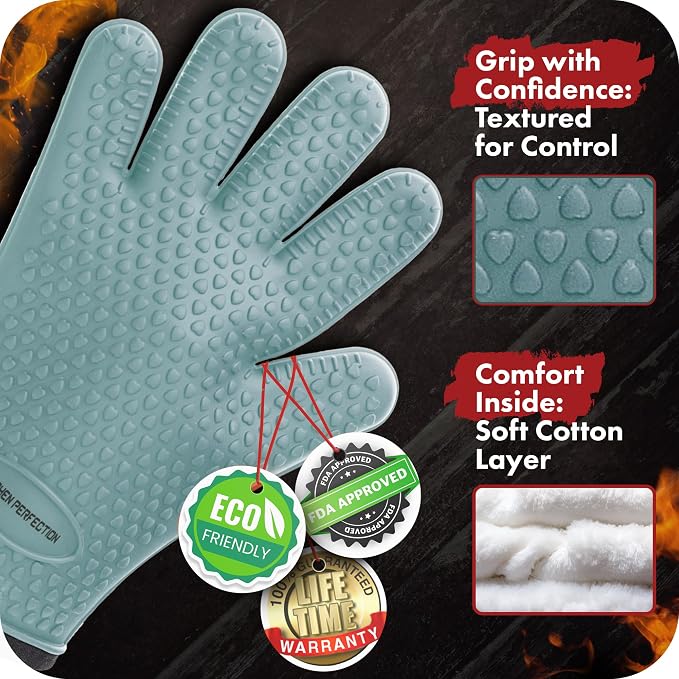 KITCHEN PERFECTION XL Silicone Smoker BBQ Gloves -Heat Resistant Oven Mitts | Waterproof, 5-Finger Design For A Better Grip, for Pitmasters, Meat Smoking, Grilling, Cooking, Frying Turkey | Grill Gift