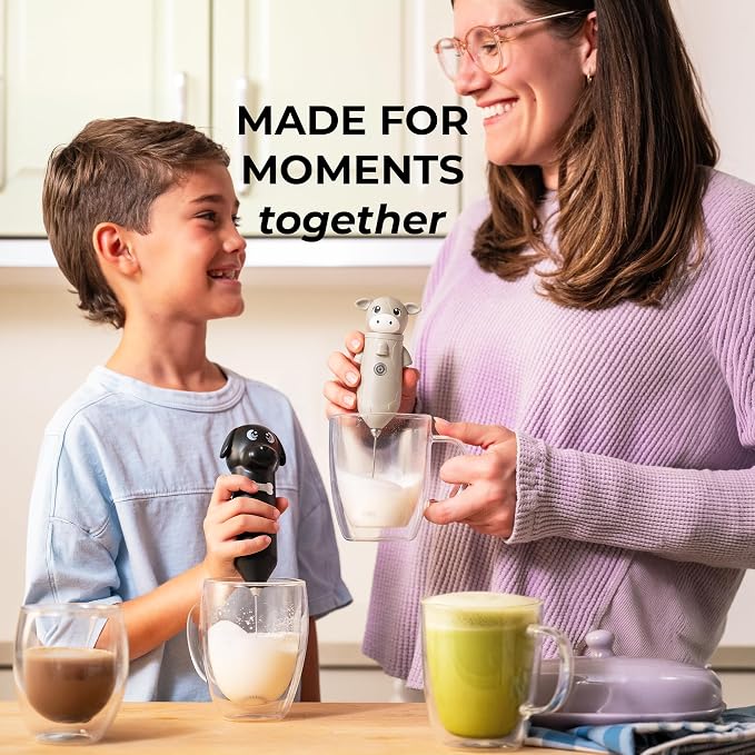 Zulay Kitchen Cow Milk Frother Wand – Cutesy Frother, Meet Your New Frothing Buddy Misty The Cow, Adoption Papers and Stickers Included, Purrr-fect for Lattes, Cappuccino & Matcha – Gray