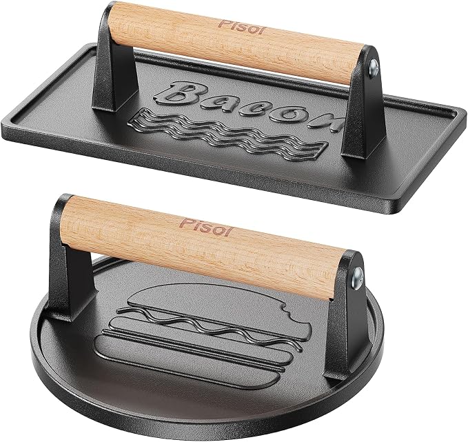 Pisol Pre-Seasoned Cast Iron Smash Burger Press, 2 lb Meat Press Tool, 2PCS | Rustproof, Pre-Seasoned, Flat Bottom, Wooden Handle, Dishwasher Safe, No Stick, Easy to Clean, 6.6'' Wide, 2lb