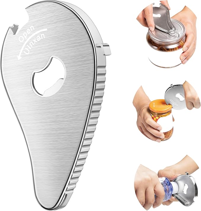Uinxan 5 in 1 Bottle Opener for Seniors with Arthritis & Weak Hands | Opens Vacuum Seals, Water, Small Jar Lids(0.6"-2.7"), Beer Caps, Pull Tabs–Multi Portable Tool for Elderly/Women/Men (Silver)