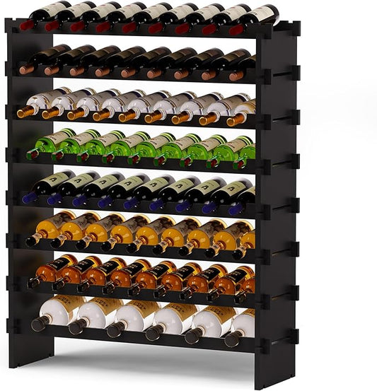 Bamboo Large Wine Rack, 8-Tier Freestanding Floor Bottle Storage Holder | 69-Bottle Storage | Wooden Wine Storage Organizer Shelves for Kitchen Bar, Cellar, & Dining Room | Black | Anti-Tip Kit