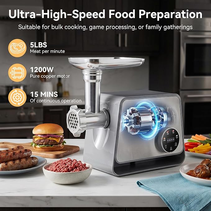 Electric Meat Grinder 1200W Max with Touch Color Screen, Vegetable Cutter,Reverse, and Multi-Function for Meat Grinding, Bone Grinding, Sausage & Meatball Making for Home