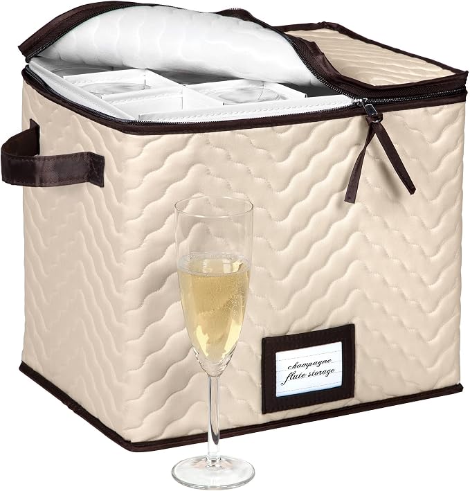 Wine Glass Storage Box with Dividers, Holds 12 Champagne Flute 3" Wide | Stemware Storage Case, Protects Fine China, Durable Quilted Microfiber, Carry Handles, Ideal for Champagne Flute