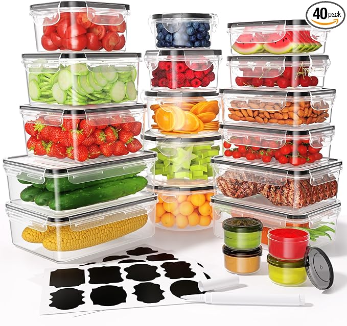 KEMETHY Large 40 Piece Food Storage Containers with Airtight Lids, BPA-free | 20 Containers & 20 Lids, Leak Proof, Meal Prep, Kitchen Storage, PVC-free Plastic, Microwave/Dishwasher Safe, Labels & Pen