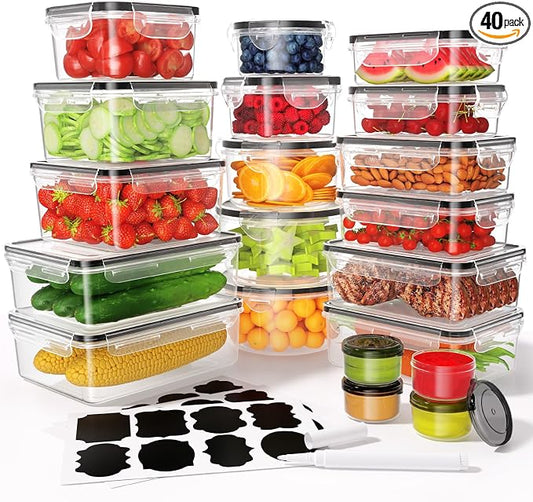 KEMETHY Large 40 Piece Food Storage Containers with Airtight Lids, BPA-free | 20 Containers & 20 Lids, Leak Proof, Meal Prep, Kitchen Storage, PVC-free Plastic, Microwave/Dishwasher Safe, Labels & Pen