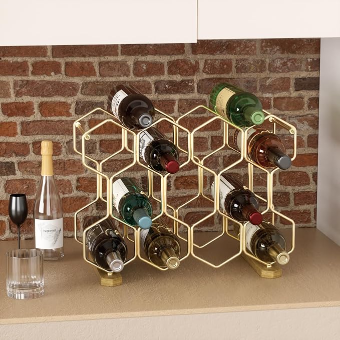 Buruis Countertop Wine Rack with Acacia Base, 14-Bottle Modern Freestanding Metal Holder for Red and White Wine, Tabletop, Kitchen, Bar, and Cabinet Storage (Gold)