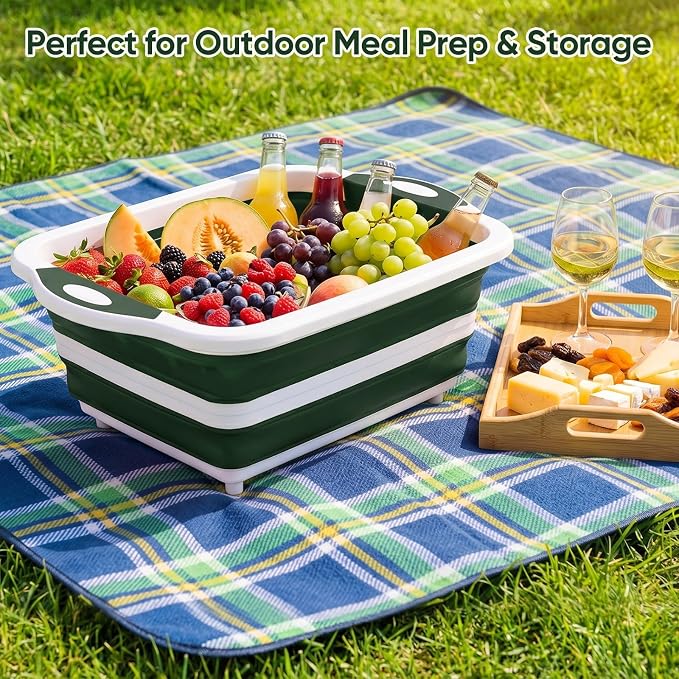 Collapsible BBQ Prep Tub with Lid, Foldable Camping Sink with Colander, Cutting Board, Dish Basin for Kitchen, Bowl, Vegetable and Fruit, Storage Basket for Picnic-Green