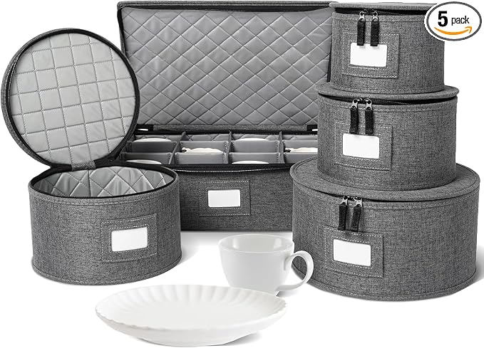 storageLAB 5-Piece China Storage Set | Plates & Mugs | Woven Linen | Gray | Full china set for 12 - 4 plate cases + mug case, zipper closure. Hard shell, felt dividers, stackable, top-load.