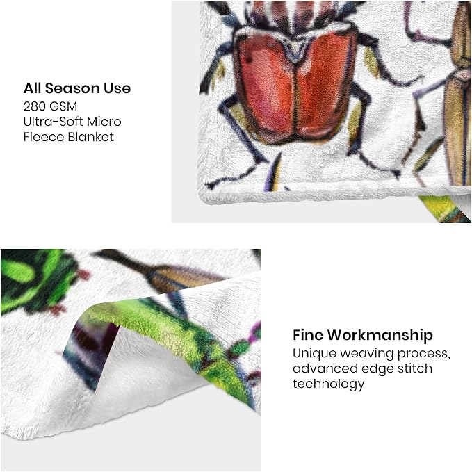 Colorful Beetle Insect Throw Blanket, Super-Soft Flannel Blanket for Toddler Boys, Kids, Childrens, Adults,Fleece Blanket Warm Fluffy and Cozy Soft Blanket for All Season 50"x60"