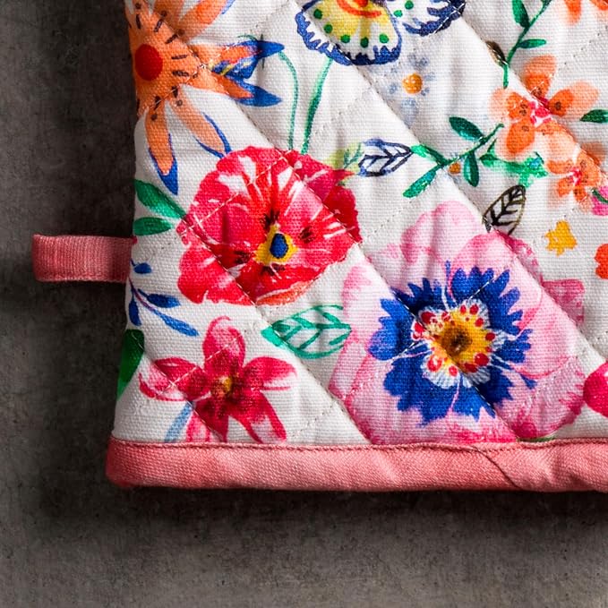 Maison d' Hermine 100% Cotton Oven Mitt & Pot Holder Set (7.5"x13" & 8"x8") | Heat Resistant BBQ Cooking Gloves with Loop Baking Kitchen Hotel Home Farmhouse Spring Summer - Happy Florals - High Summer