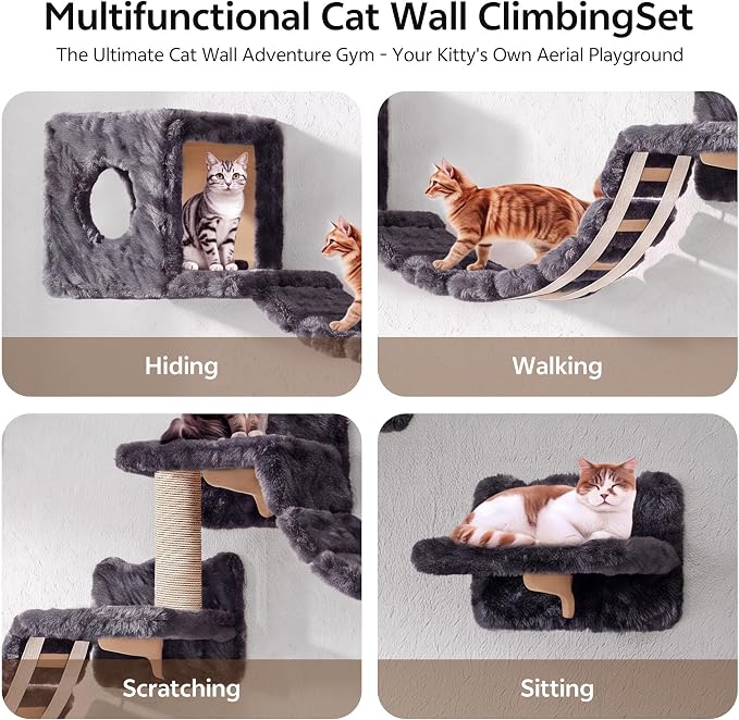 9-in-1 Cat Wall Shelves, Cat Wall Furniture Set with Bridge, Grey | Wall Mounted Cats Shelf for Space-Saving, Multi-Level Cat Climbing Systems for 16 Inch Drywall, with Scratching Posts, Condos