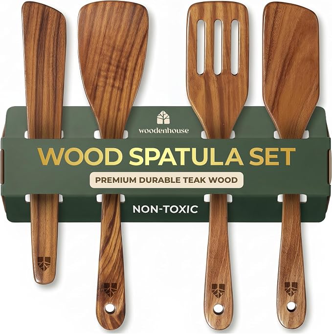 Wooden Spatula for Cooking, Teak Wood Set of 4 for Non Stick Frying Pan | Includes Paddle, Turner, Slotted Spurtle & Scraper – Long Ergonomic Handles, Scratch-Free Design