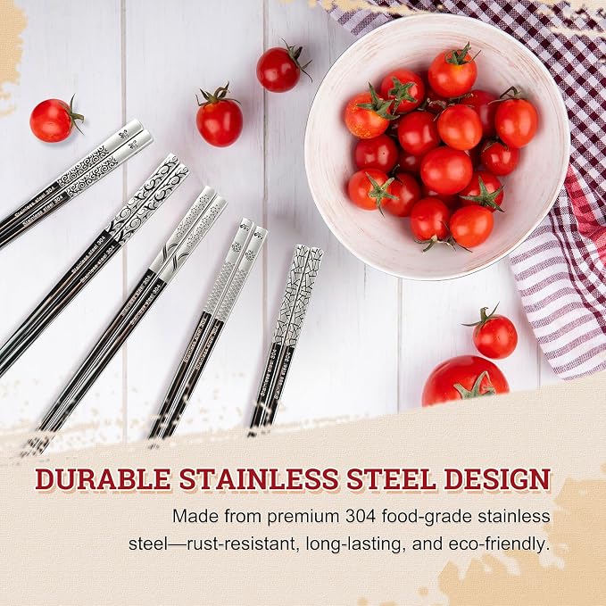 52USA Stainless Steel Chopsticks Reusable Gift Set, 5 Pairs–Lightweight 304 Stainless Steel Metal Chopsticks,Dishwasher Safe, Non-Slip, 9 in/22.9cm,Japanese Korean Chop Stick Ideal for Sushi, Noodles