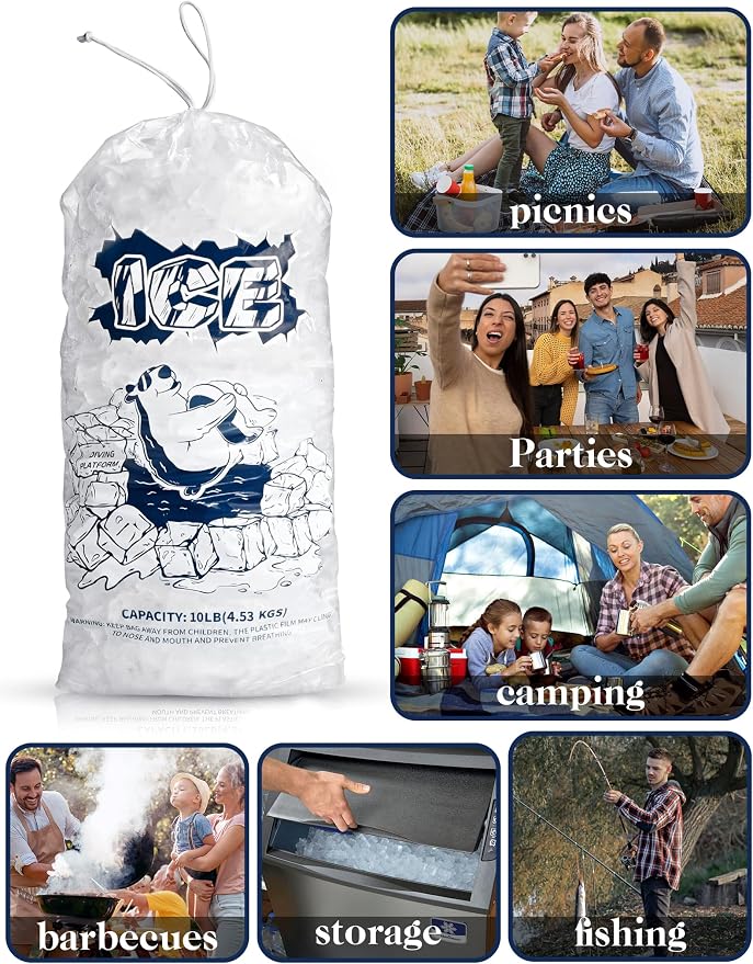 Ice Bags 10 lb with Drawstring,50 Pack Plastic Ice Bags for Ice Storage