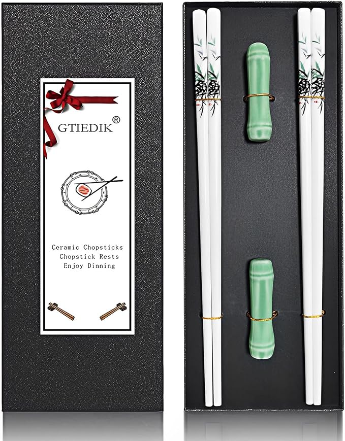 Porcelain Chopsticks, Green Bamboo,2 Pairs with Ceramic Holder | Reusable, Delicate Box,Dishwasher Safe, Chinese Japanese Korean Classic Stylish