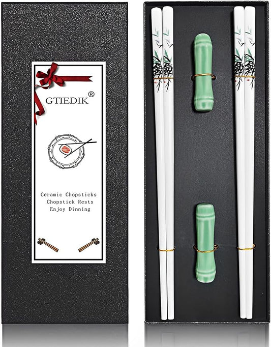 Porcelain Chopsticks, Green Bamboo,2 Pairs with Ceramic Holder | Reusable, Delicate Box,Dishwasher Safe, Chinese Japanese Korean Classic Stylish