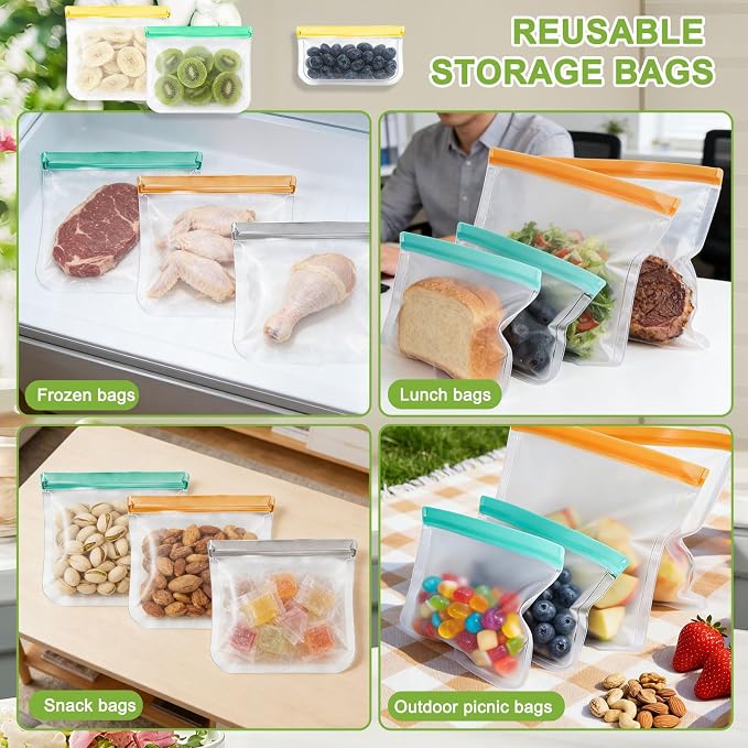 12 Pack Silicone Bags for Food Storage,Reusable Silicone Food Storage Bags,Freezer, Microwave & Dishwasher Safe,Reusable Freezer Food Bags, Leakproof-4 Gallon 4 Snack 4 Sandwich Bags,Grey