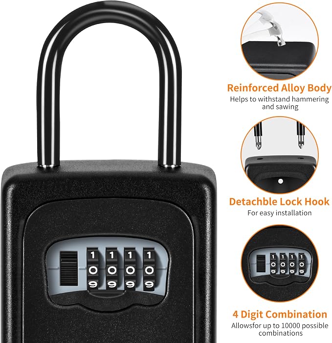Portable Key Lock Box, Upgrade Clearly Visible Numbers, Lock Box Wall Mounted for House Key, 5 Key Capacity, Weatherproof Resettable Code (1 Pack, Black)