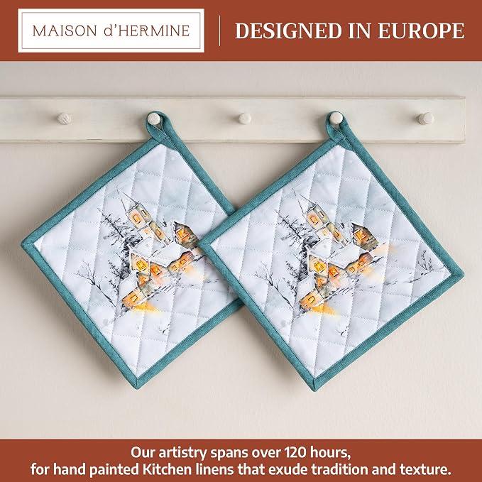 Maison d' Hermine Pot Holders 100% Cotton Potholders (8" x 8", Pack of 2) | Heat Resistant Hot Pads with Loop BBQ Cooking Baking Hotel Kitchen Handling Hot Pans Thanksgiving Christmas - Neige de Noel