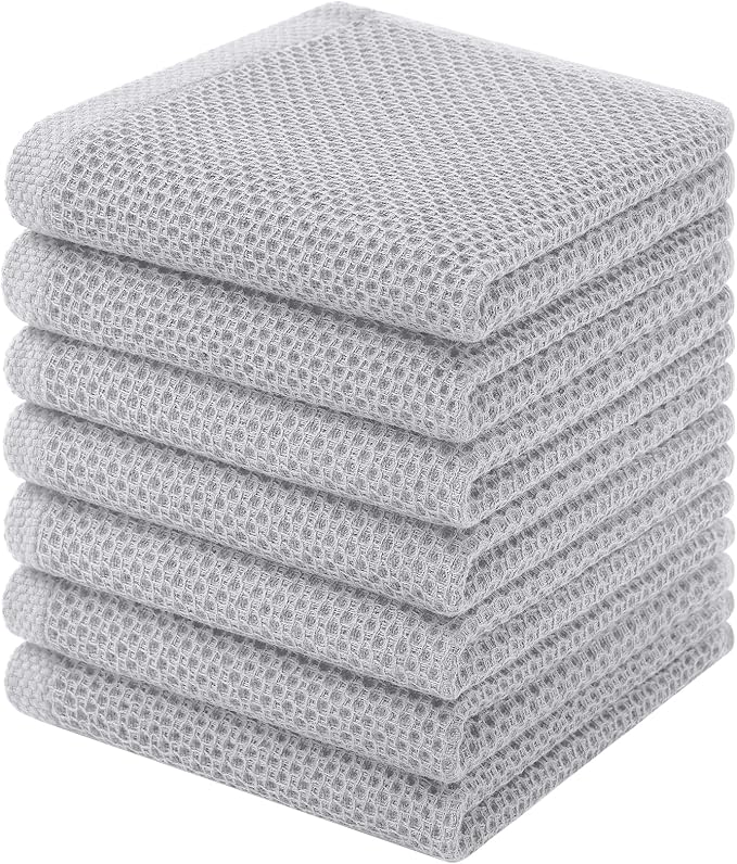Homaxy 100% Cotton Waffle Weave Kitchen Dish Cloths, 7-Pack, Light Gray | 12 x 12 Inches, Ultra Soft Absorbent Dish Towels, Quick Drying Dish Rags with Hanging Loop