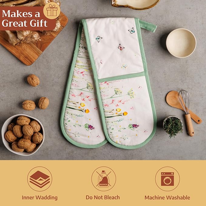 Maison d' Hermine Double Oven Mitts 100% Cotton Double Oven Glove (7"x35") | Heat Resistant BBQ Cooking Gloves with Loop Baking Grilling Kitchen Hotel Home Farmhouse Spring Summer - Botanical Fresh