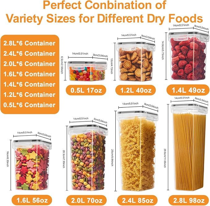 42 PCS Airtight Food Storage Containers with Lids, Plastic Kitchen and Organization Canisters for Cereal, Dry Food, Flour and Sugar, BPA-Free, PVC-Free, Includes Labels & Marker