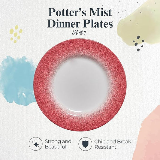 Portmeirion Potter's Mist 10.5" Dinner Plate (Set of 4) - Handcrafted Earthenware Plates with Red Accent Rim, Microwave & Dishwasher Safe - Ideal Tableware for Modern & Traditional Dining (Red Mist)