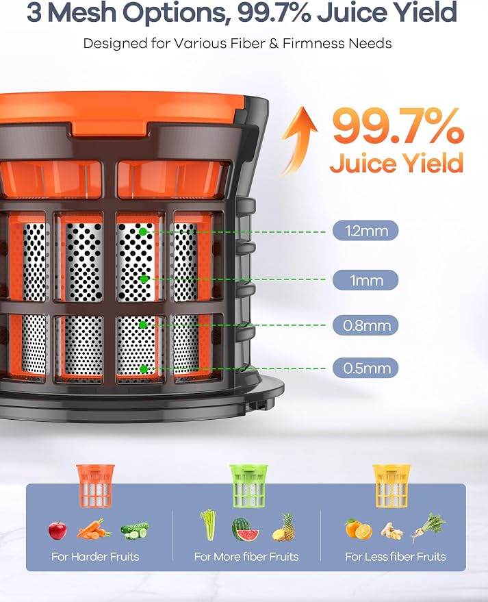 Ganiza Cold Press Juicer Machines, 4.06" Wide Feed Chute, High Juice Yield | Slow Masticating Extractor for Whole Fruits & Vegetables, 3 Replaceable Filters, Ultra-Quiet Motor, Easy to Clean, BPA-Free