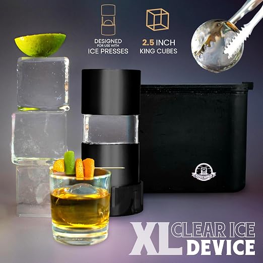 XL Clear Ice Maker – 2.5” Crystal Clear XL Cubes for Ice Presses - BPA-Free Silicone Square Cube Mold - Whiskey Gifts for Men - Press NOT Included