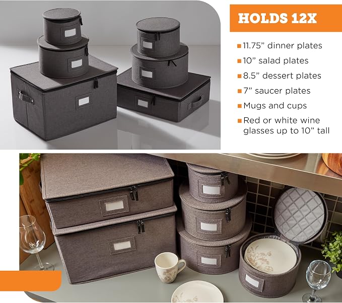 storageLAB 6-Piece China Storage Set | Plates, Mugs & Wine Glasses | Gray | Most complete set - plates, mugs & wine glasses for 12. Hard shell, felt-lined, stackable. Full china system in one.