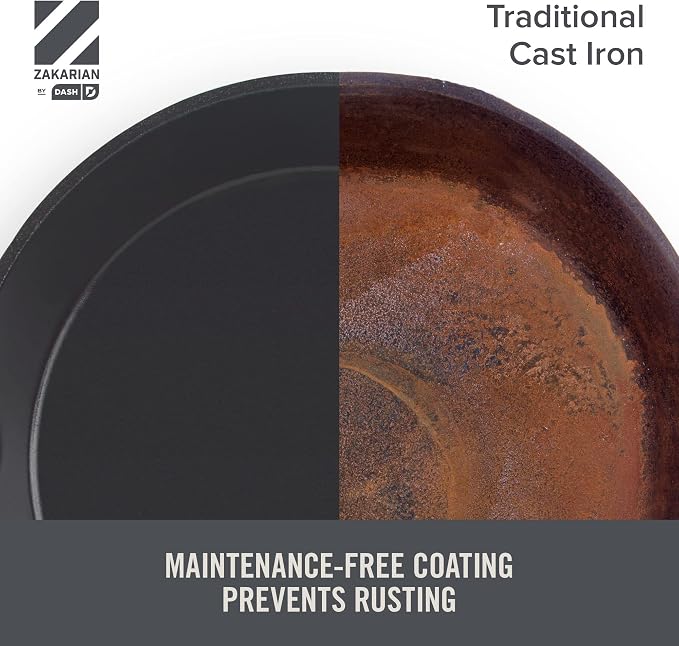 DASH Zakarian x Nonstick Cast Iron Skillet - Versatile Frying Pan Cookware - Oven-Safe Searing Skillet with Pour Spout and Quick-Clean Surface - Rust-Resistant - Black, 9.5-Inch