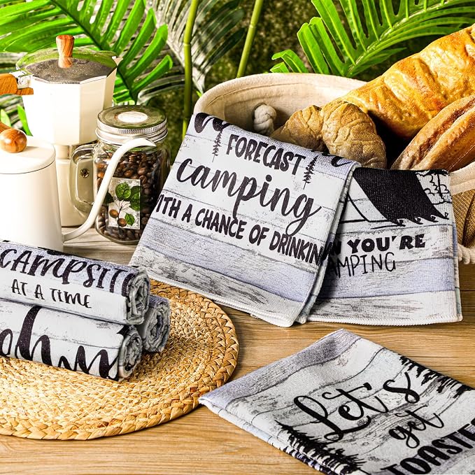 Boyiee Set of 6 Camping Kitchen Towels Happy Camper Tea Towels | Absorbent Farmhouse Dish Towels with Funny Sayings 24 x 16 Inches Camping Hand Towels for Rv Campers Lovers Gifts Accessories