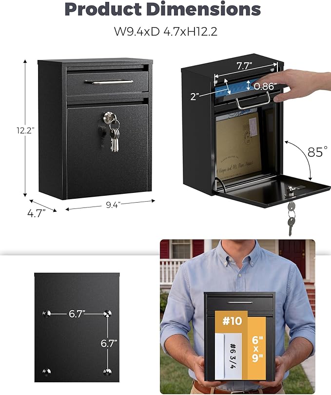 LAND·VOI Mailbox for Outside Wall Mount, Heavy Duty Rustproof, Anti-Theft Locking Mailbox with 4 Keys, Weatherproof for Residential & Apartment, 12.2"×9.5"×4.7", Black, Small
