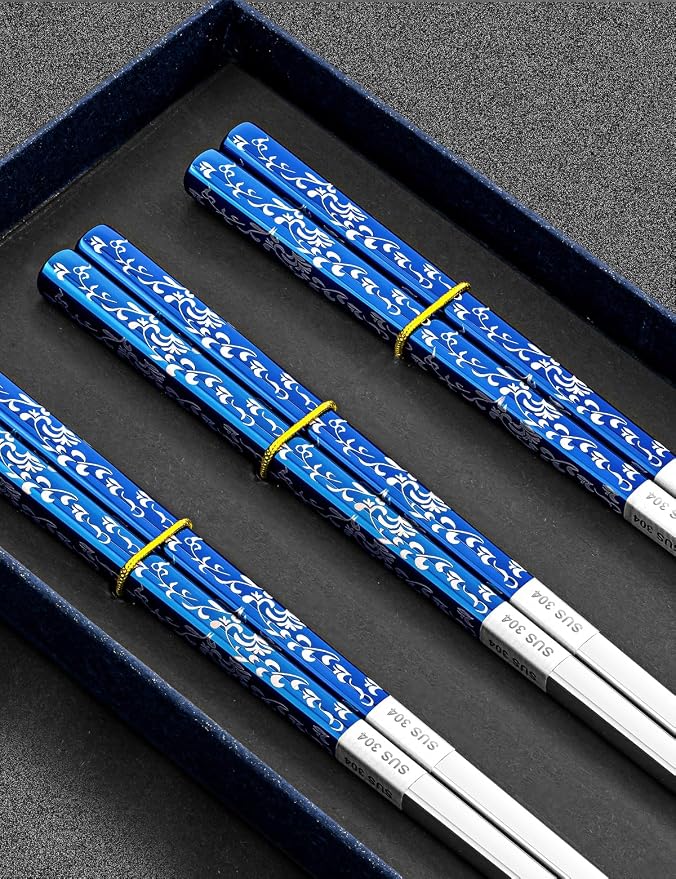 TINMARDA Metal Chopsticks Reusable, 3 Pairs Non-Slip Chop Sticks Reusable Dishwasher Safe, Titanium Plated Stainless Steel Chopsticks Present Set (Blue Silver)