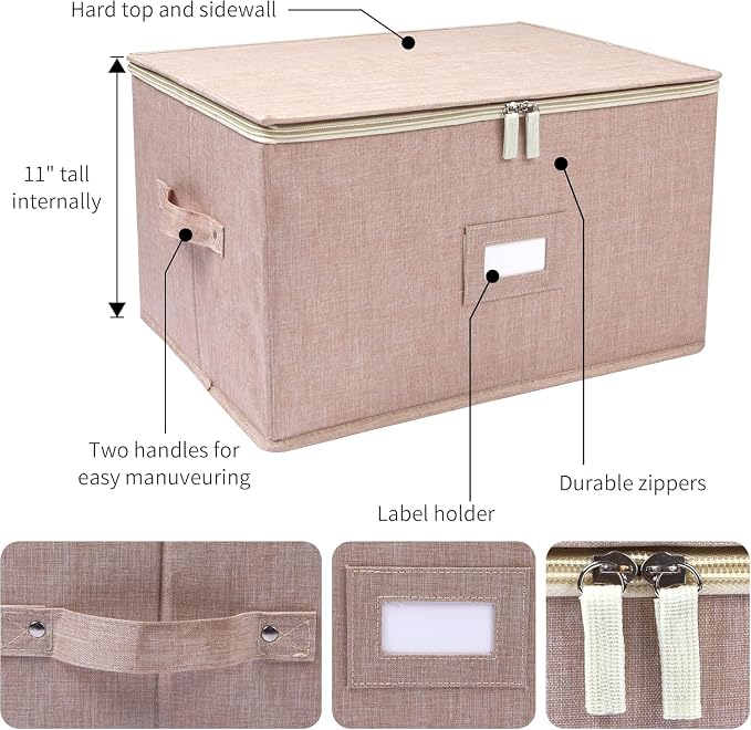 Wine Glass Storage Box, Stemware Storage Containers Cases with Dividers | Glassware Storage Containers Holds 24 Red or White Wine Glasses, Hard Top and Sides (2 Pack Beige)