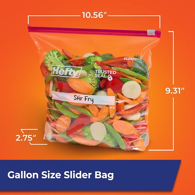 Hefty Slider Storage Bags, Gallon Size, 66ct | Bulk Pack, Gallon Storage Bags for Food, Snacks, Toiletries, and More, Writable Label, Stand and Fill, Secure Slider Closure