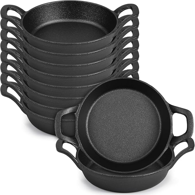 10 Pack Mini Cast Iron Skillets 6.3 x 6.3 x 1.5 Inch Cast Iron Pan Small Ramekin Set Black Casserole Dish Cookware Oven Safe Mini Skillets for Kitchen Indoor Outdoor Picnic