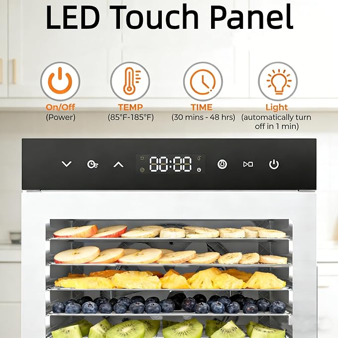 Simple Deluxe Food Dehydrator Machine, Fruit Dryer Machine with 8 Stainless Steel Trays, 24H Digital Timer 185°F Temperature Control, 500W Food Dryer for Jerky Meat Herb Fruit and Dog Treat, Silver