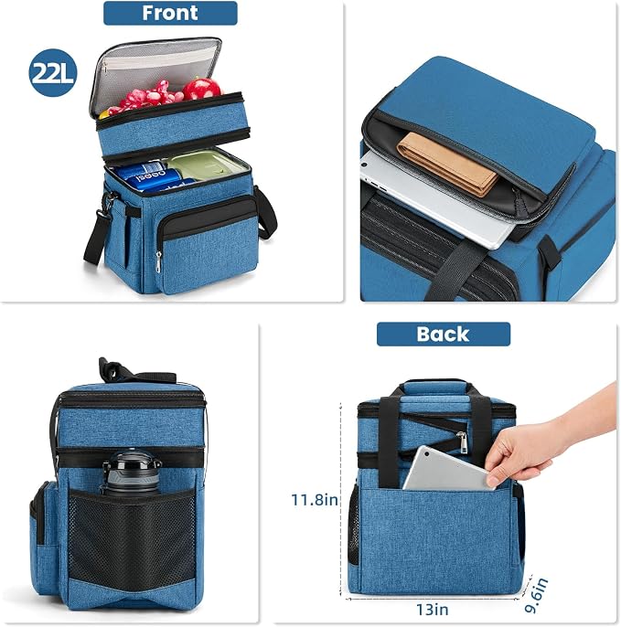 holuxer Insulated Lunch Bag & Lunch Box for Men - Double Deck Reusable Lunch Bag for Women Tote Cooler Bag Leakproof Soft Expandable - Extra Large Lunchbox for Work/Adult/Picnic/Outdoor (Blue，22L)