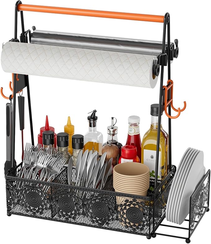 EKNITEY Outdoor Grill Caddy Organizer: BBQ Caddy with 2 Paper Towel Holders | Metal, Camping Kitchen Accessories Rack, Utensil Condiment Storage, Floral Design, Easy Assembly, for Patio Camper Picnic RV