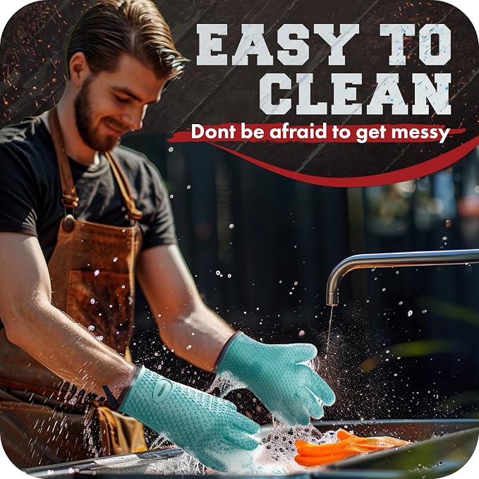 KITCHEN PERFECTION XL Silicone Smoker BBQ Gloves -Heat Resistant Oven Mitts | Waterproof, 5-Finger Design For A Better Grip, for Pitmasters, Meat Smoking, Grilling, Cooking, Frying Turkey | Grill Gift