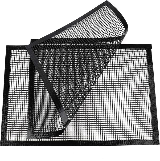 Kingrol 2 Pack Reinforced Edge Grill Mesh Mat, Nonstick BBQ Smoker Mats for Outdoor Grill, PTFE Fiberglass Rack Liners for Fish, Shrimp, Vegetables, Oven, Air Fryer Oven, 16.6 x 11 Inch