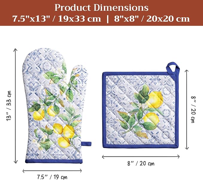 Maison d' Hermine 100% Cotton Oven Mitt & Pot Holder Set (7.5"x13" & 8"x8") | Heat Resistant BBQ Cooking Gloves with Loop Baking Grilling Kitchen Hotel Home Farmhouse Spring Summer - Citrus