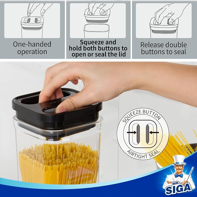 MR.SIGA 6 Piece Airtight Food Storage Container Set for Pantry Organization | BPA Free, stackable, one-handed kitchen storage containers for cereals, spaghetti, pasta, white