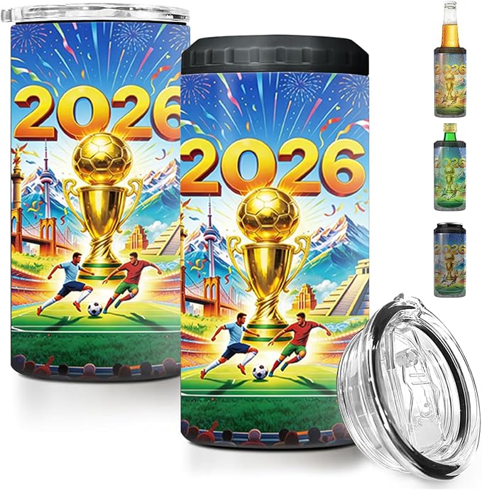 Funny Can Cooler 2026 Soccer Football Merchandise, 4-IN-1 Can Cooler Tumbler Gifts for Soccer Fans, 16 Oz Stainless Steel Insulated Beer Can Holder