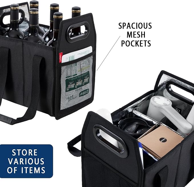 6 Bottle Wine Carrier Collapsible Reusable Portable Wine Bottle Carrier Case for Tote Bag Moving, Vacation Bottle Caddy Grocery Shopping Wine Tasting Accessory, Black