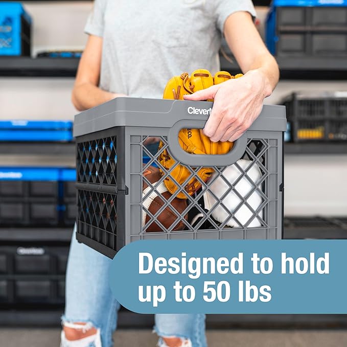 CleverMade Collapsible Milk Crates, 25L, 3 Pack, Holds 50 lb, Ocean | Organize Files, Groceries, and Gear in One Crate | Built-In Rails Hold Letter Folders, While the Frame Stacks Securely